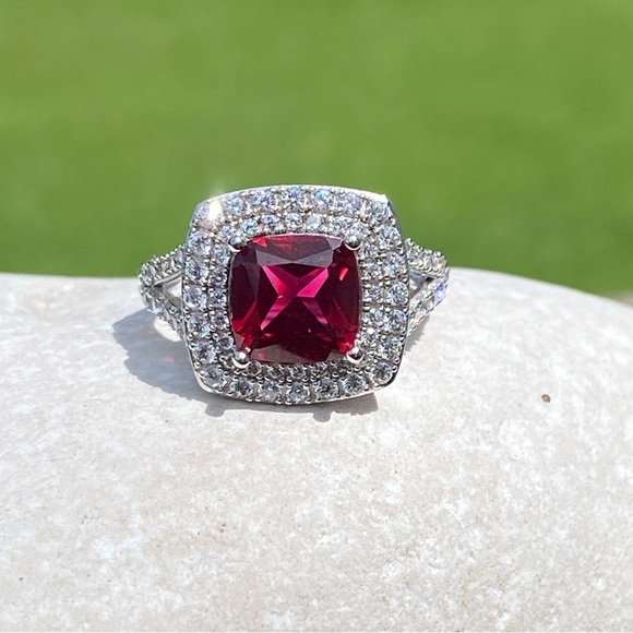 Simulated Ruby ring .925 Sterling Silver 10 mm Ruby surrounded 2 layers CZ sz 7 - Picture 14 of 16